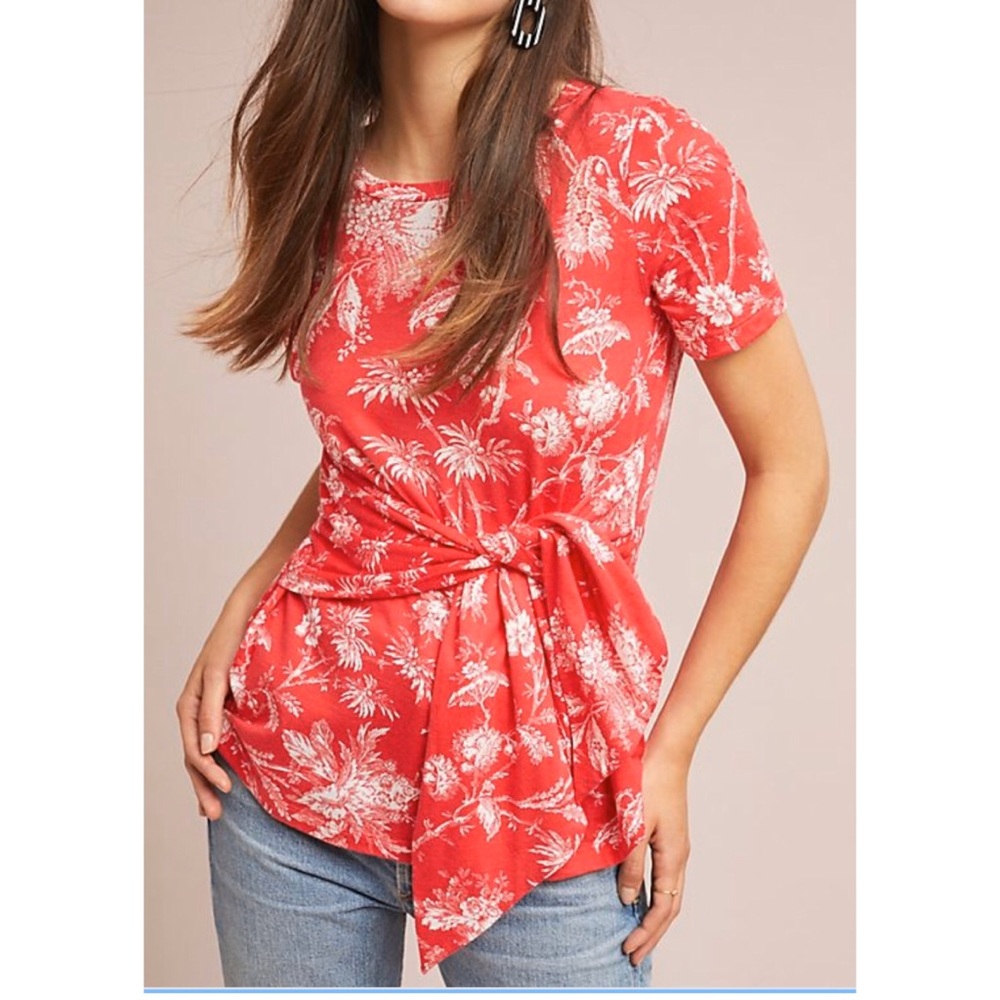 Anthropologie Coral Floral Tie-Waist Short Sleeve Top - Picture 1 of 9